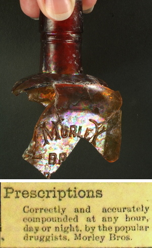 Photo of one of the bottles from Morley Brothers Drug Store in Austin found at the Williams farm (top), and an advertisement placed by the company in a late 19th-century African-American newspaper published in Austin