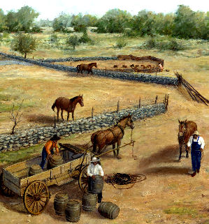 Painting by Frank Weir of a reconstruction of the Williams Farmstead corral area
