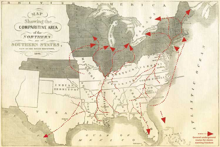 sepia colored map of the south and eastern USA, with red arrows showing routes of travel