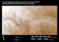 Contour map of the Battle of Sweetwater Creek site showing the distribution of U.S. Army and Indian artifacts. Courtesy of the Texas Historical Commission.