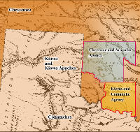 Southern Plains Indian tribes during the Red River War and location of reservations. Map courtesy of the Texas Historical Commission.