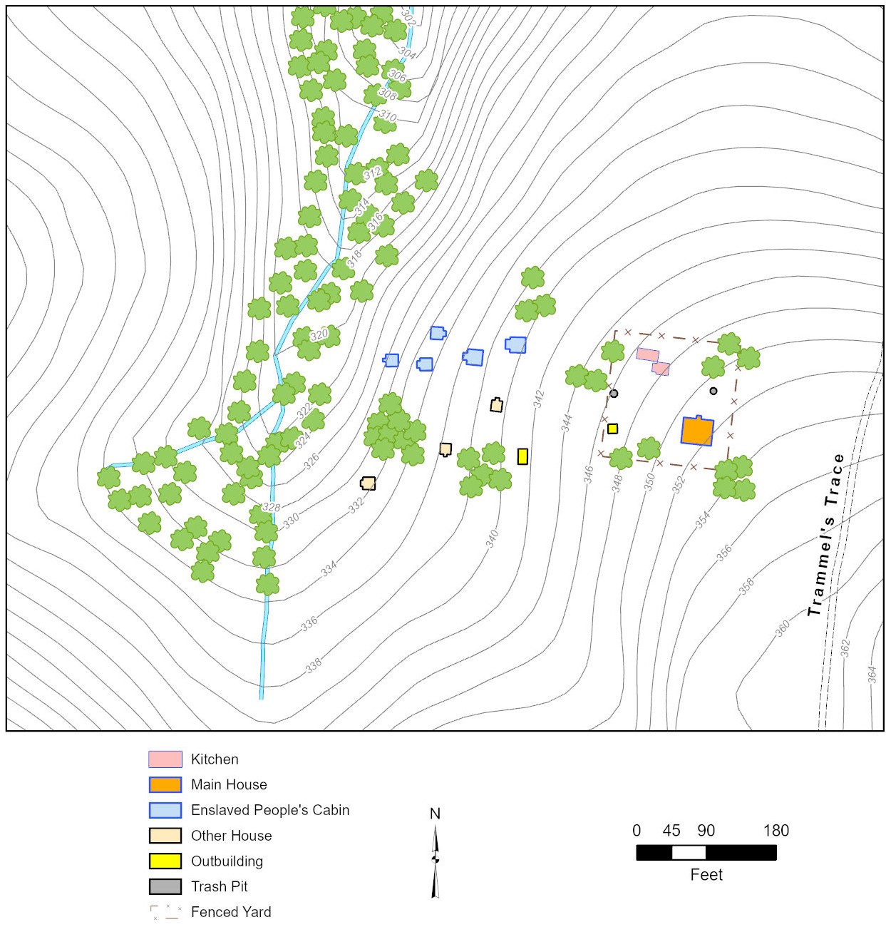 GIS map with the outlines of buildings and archeological features on topographic lines with a blue creek and green tree symbols. At the bottom of the map is a legend, scale bar, and a north arrow.