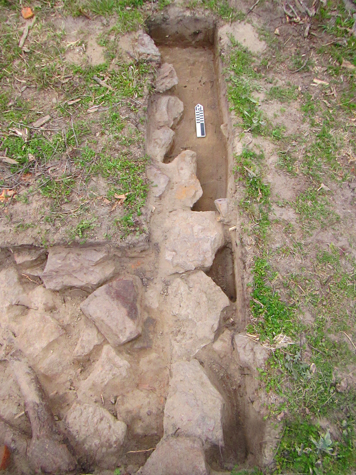 photograph of pattern of foundation stones exposed in excavation units.