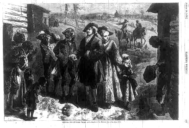 black and white drawing of well-dressed white family visiting roughly dressed Black slaves.