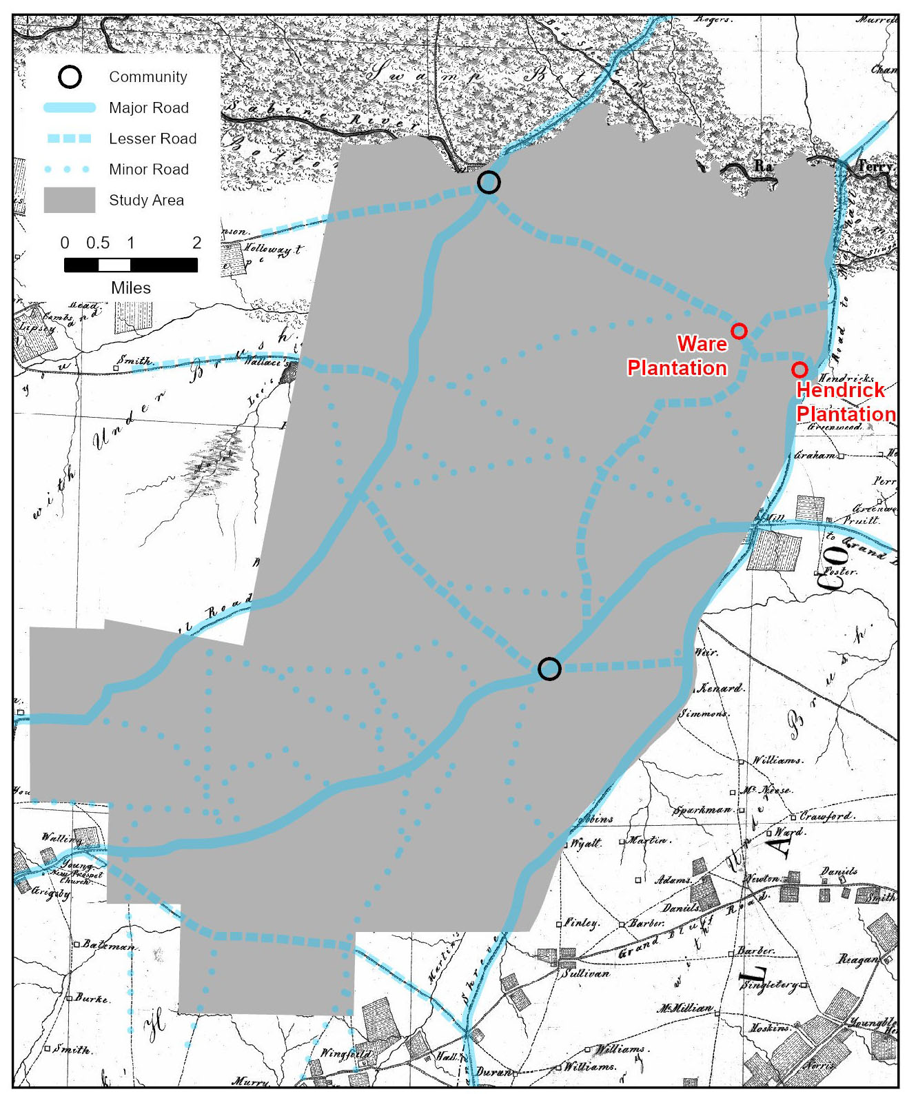 historic map overlayed with study area boundaries (gray area covering most of map) crossed by blue lines representing important roads; at top of map the Sabine River goes left to right.