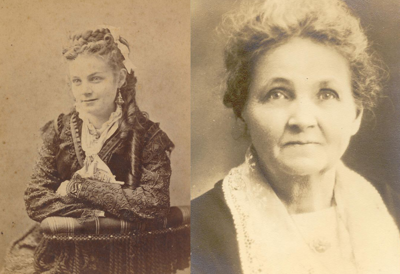 sepia toned black and white photos woman, on left she is a young woman, on right she is old, both are formal portraits