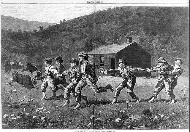 black and white wood engraving of children playing in front of a one room schoolhouse