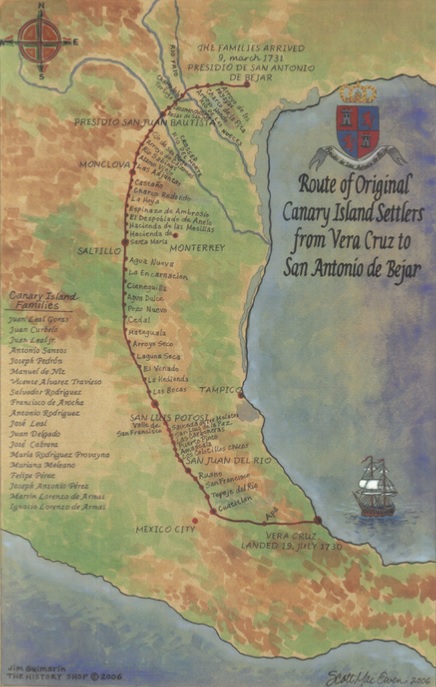 color illustration map of Mexico and Texas with a travel route