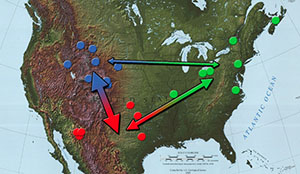 Map showing the relationship between the three regions, represented by thickness of arrows