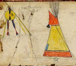 Ledger drawing of a painted tipi and a decorated shield hanging beside the tipi door.