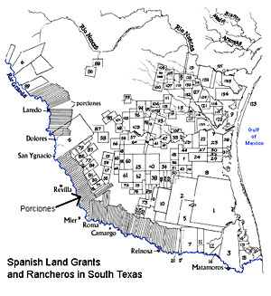 map of Spanish Land Grants and Rancheros in South Texas