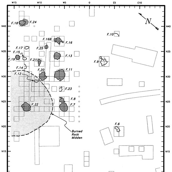 black and white schematic drawing of a gridded archeological site