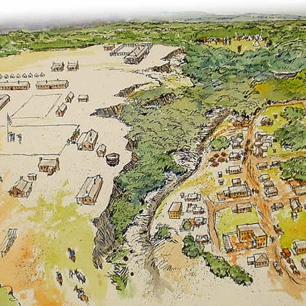 illustration of aerial view of buildings on a plateau