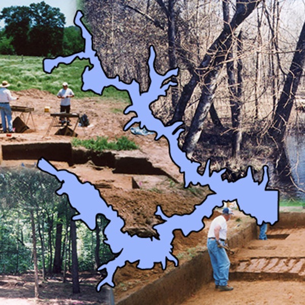 collage of forest and excavation blocks superimposed by the outline of a lake