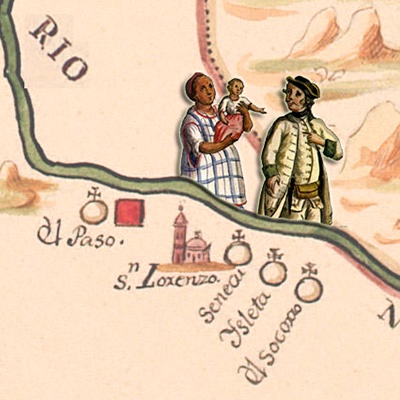 illustration of map with river, villages, mountains and people