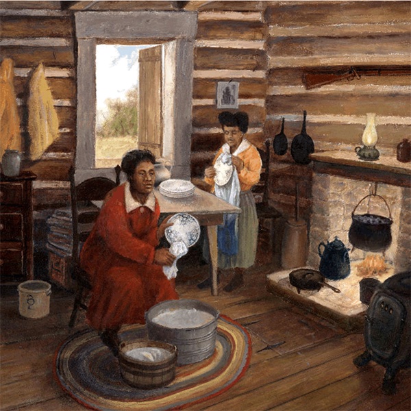 painting of two African American women in a log cabin drying dishes