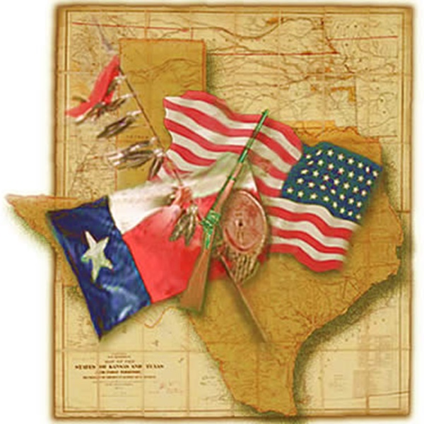 map superimposed by map of Texas superimposed by Texas and US flags