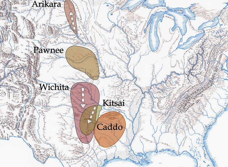 Map showing approximate areas where Caddoan languages were spoken in the 17th and 18th centuries