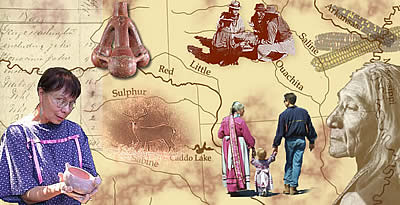 sepia map of region of Texas with collaged photographs of people on top