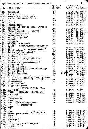 One page of Victor Smiths list of artifacts